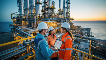 Oil engineers inspect Industrial safety system with laptop computer. They work an offshore oil platform, calm sea on the background - obrazy, fototapety, plakaty