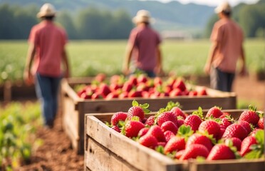 Ripe strawberry in wooden box or crates at a farm field plantation with blurred workers on background