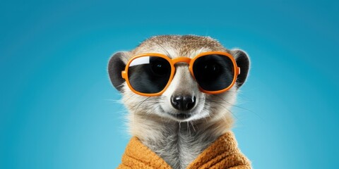 A meerkat wearing orange sunglasses and a knitted scarf.