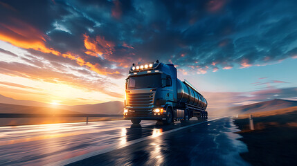 Modern truck on the highway delivers cargo. Beautiful landscape on the background. Logistics and import export concept