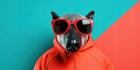 Zelfklevend Fotobehang A hyena in red sunglasses and orange jacket against teal and red. © AdriFerrer