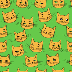 Seamless pattern with fun cute redheads cats. Colorful vector doodle style texture with animals. Cartoon stylish funny cats background