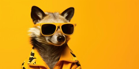 Aardwolf with sunglasses on yellow background.