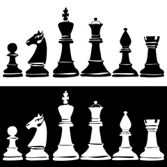 Chess piece icons. Black silhouettes isolated on white background. Vector illustration.