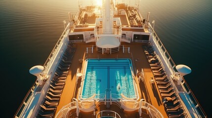 Modern, white cruise ship view inside. Pool and lounge area on deck. Traveling and relaxing. En route. - obrazy, fototapety, plakaty