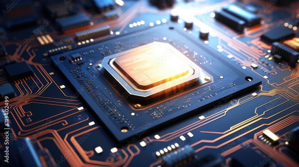 Poster three-dimensional cpu and ai concept with digital chips, network and technology background.