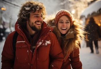 A couple braves the cold winter air, their faces adorned with smiles and fur jackets, standing tall in the snow-covered street