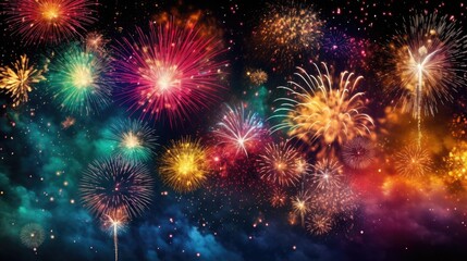 Colourful Fireworks at Night - Celebrate with Beautiful Abstract Fireworks Display Against Dark