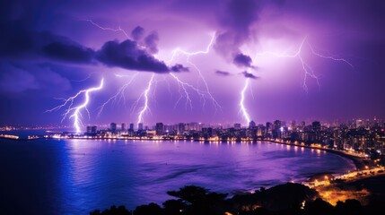 Naklejka na ściany i meble Lightning Storm over City in Beautiful Purple Light. Thunderbolt Striking Through the Sky in London