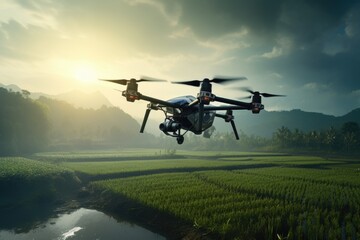 Fototapeta na wymiar Agriculture Drone Spraying Fertilizer on Rice Fields. Smart Farming Technology for Efficient