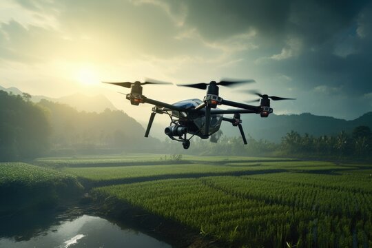 Agriculture Drone Spraying Fertilizer on Rice Fields. Smart Farming Technology for Efficient