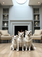 A cozy living room filled with furry companions as they relax by the crackling fireplace, surrounded by stylish furniture and a view of the winter wonderland outside the window