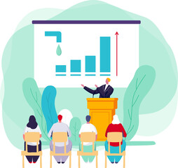 Businessman presenting growth chart to audience, employees learning at corporate training. Company meeting showing rising graph, success presentation in office environment. Audience attentively