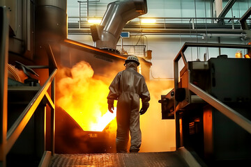 Metal casting process. Furnace in Steel Mill metallurgical factory. - obrazy, fototapety, plakaty