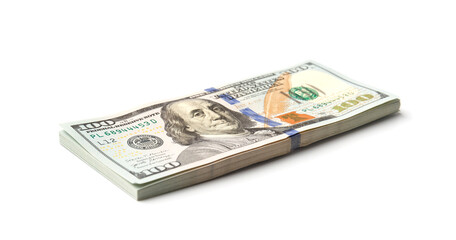 Stack of 100 dollar bills isolated on white background