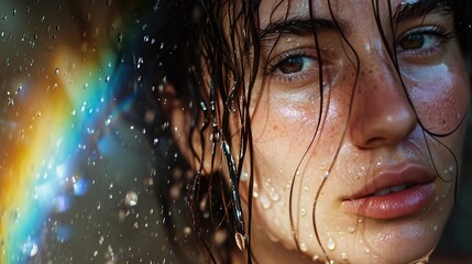 Macro portrait of woman with wet hair and rainbow