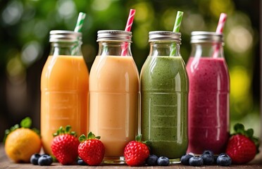 Row of healthy fresh fruit and vegetable smoothies in glass bottles with straws