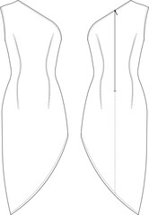 asymmetric neck sleeveless bodycon short asymmetric evening dress gown template technical drawing flat sketch cad mockup fashion woman design style model