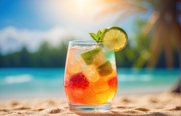Glass mocktail on bright sand beach sunshine background
