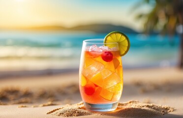 Obraz premium Glass mocktail on bright sand beach sunshine background