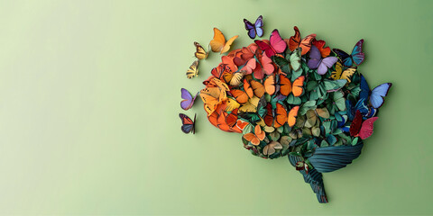 Human brain made of multi-colored butterflies on light green background, banner with copy space, concept of neurodiversity and mental problems - obrazy, fototapety, plakaty