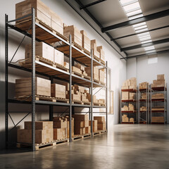 Modern warehouse interior with metal shelves.