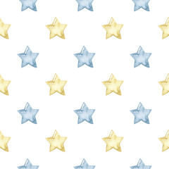 Minimalist seamless pattern with blue and gold stars.Watercolor hand painted seamless pattern for baby boy.