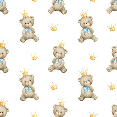 Seamless pattern with teddy bear. Watercolor hand painted seamless pattern for baby boys with teddy bear ,blue bow and crown.