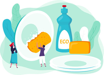 Tiny people cleaning dishes with eco-friendly detergent and sponge, promoting sustainability. Women using biodegradable soap and natural sponge for washing, environmental concept.