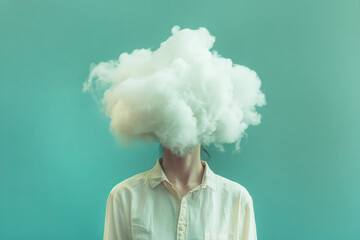 The woman's face and head are covered with a white cloud, the concept of neurodiversity and mental problems