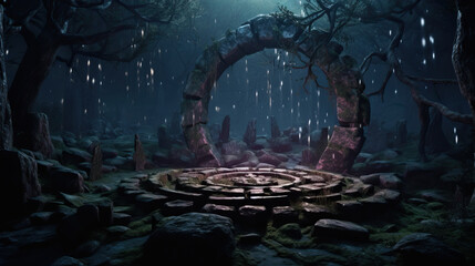 Mystical forest scene with full moon and candlelit stone circle at night - obrazy, fototapety, plakaty