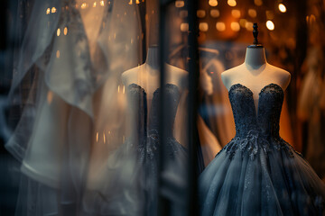  blue dress on dummy for wedding dresses on display in - obrazy, fototapety, plakaty