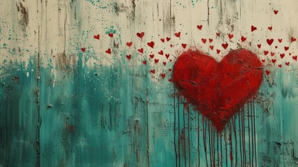 Generative AI, grunge colorful painted hearts on canvas background. Valentine's day concept
