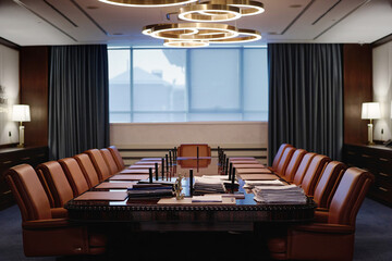 Empty spacious conference room with large wooden table and leather armchairs placed in row