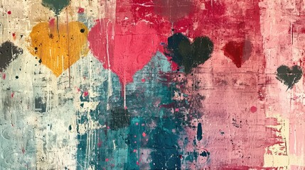 Generative AI, grunge colorful painted hearts on canvas background. Valentine's day concept
