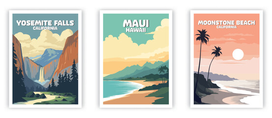 Maui, Yosemite Falls, Moonstone Beach Illustration Art. Travel Poster Wall Art. Minimalist Vector art - obrazy, fototapety, plakaty