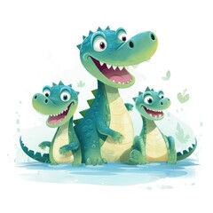 Illustration of a family of crocodiles on a white background.