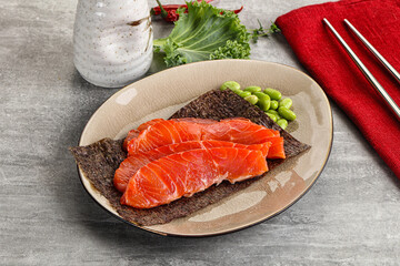 Sliced salmon sashimi in the plate