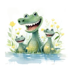 Watercolor illustration of a family of crocodiles on a white background.