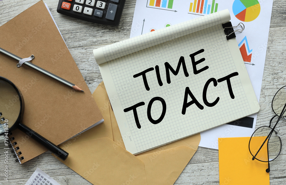 Poster time for action notepad with text on financial charts