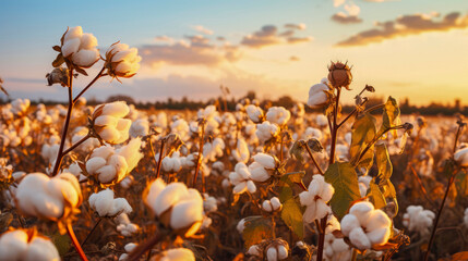 Field of ripe opened fluffy cotton flowers buds, ready for harvesting . On the background of blue sky with fluffy clouds, in rays of the sun, at sunset. Colorful illustration. Copy space. Close-up. - obrazy, fototapety, plakaty