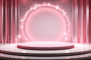 Pink podium 3d illustration background , mock up display with sparkle and glitter for beauty products or holiday event.	
