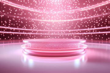 Pink podium 3d illustration background , mock up display with sparkle and glitter for beauty products or holiday event.	
