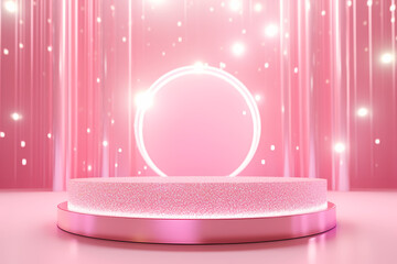 Pink podium 3d illustration background , mock up display with sparkle and glitter for beauty products or holiday event.	
