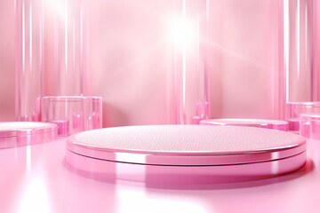 Pink podium 3d illustration background , mock up display with sparkle and glitter for beauty products or holiday event.	
