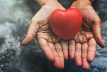 Close up female hands giving red heart as heart donor. Valentine day of love concept. Medical...