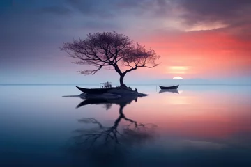 Foto auf Acrylglas Lonely tree and boats on a tranquil lake at sunset, 3d render. peaceful landscape. tranquil sunset scene. beauty of nature. dreamy traveling destination. © Jahan Mirovi