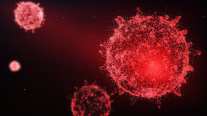 Close up influenza virus in blood vessel. Red abstract plexus wireframe Coronavirus background. Science and medical concept. Micro nucleus of Corona virus cell in human body. 3D illustration graphic