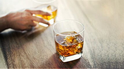 Close-up. Men and glasses of whiskey drink alcoholic beverage together friends while at bar counter...