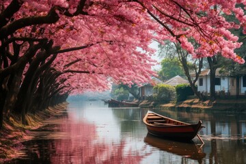 Cherry blossoms and wooden boat on a river in spring. The landscape with cherry blooms trees, lonely boat and foggy lake. peaceful fantasy landscape. - obrazy, fototapety, plakaty